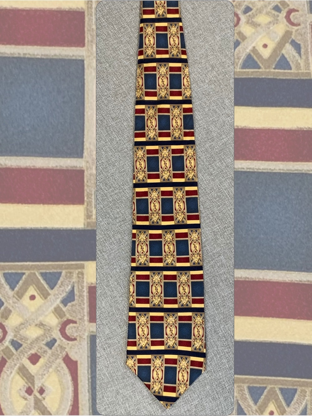 Bill Blass Silk Tie Navy Burgundy Gold Art Deco Geometric Pattern Necktie